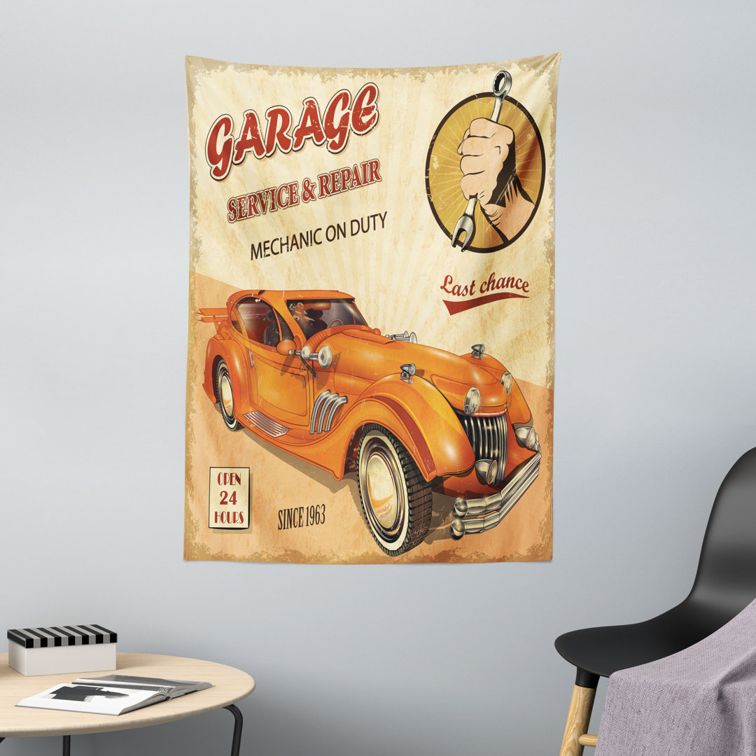 Wandteppich, Motor und Mechaniker Zeichen, Retro, Orange Creme Rot