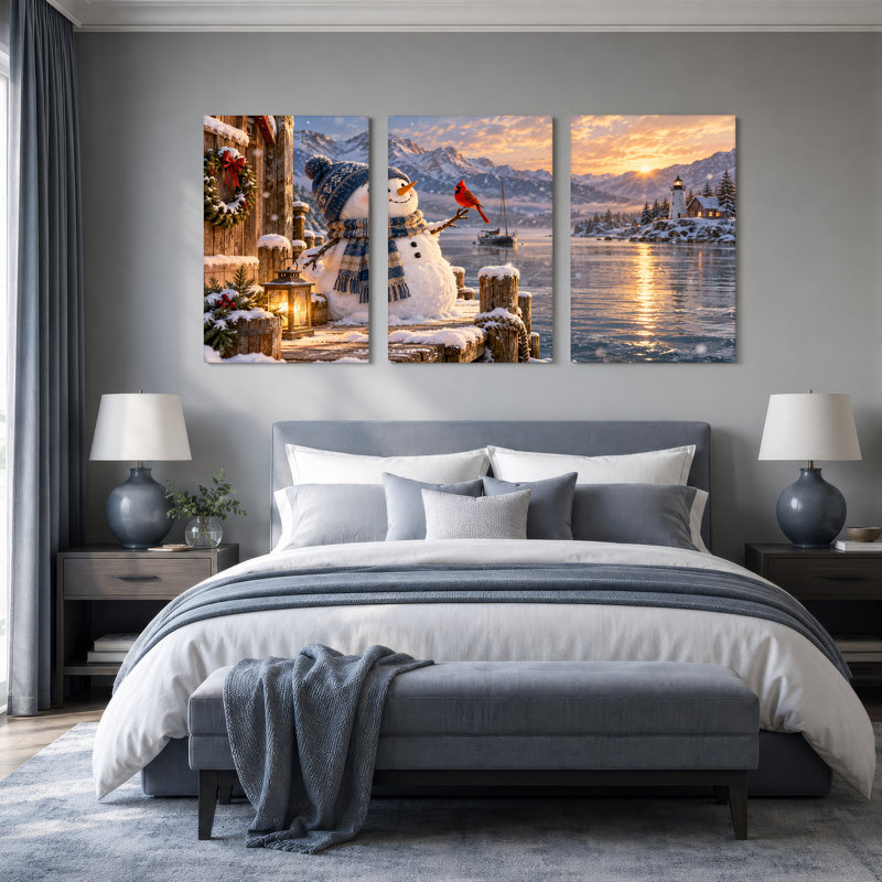 «Snowman on Winter Dock» avec cardinal rouge, ensemble de 3 toiles, 60"W x 30"H Overall - 3 Panels