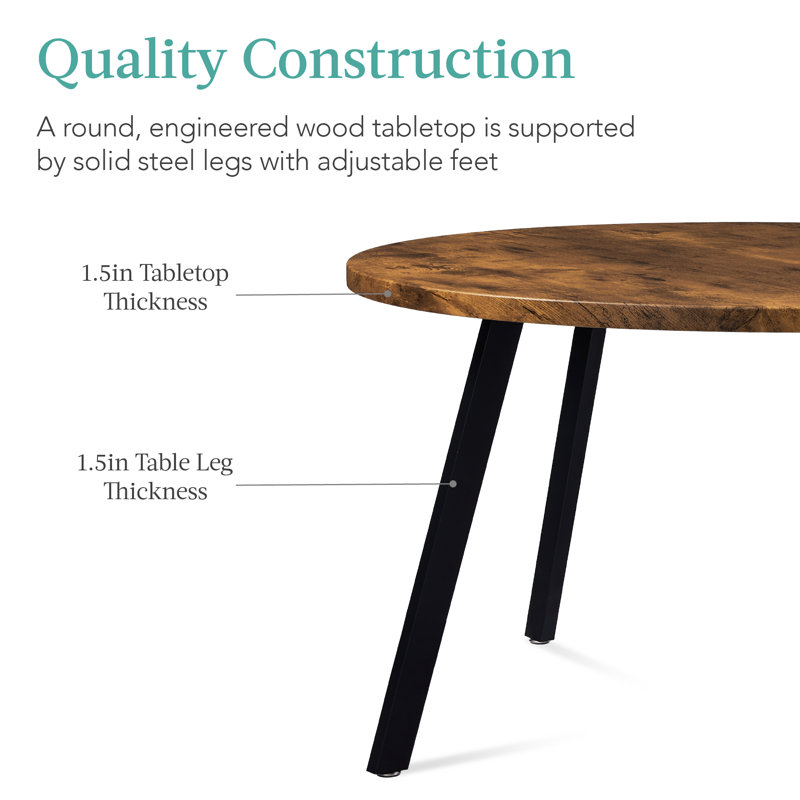 35.5in Round Brown MDF Dining Table with Black Steel Legs