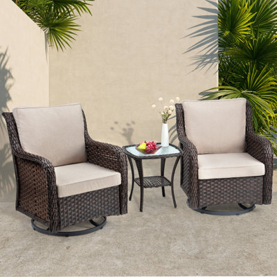 3 pcs All Weather Wicker Swivel Rocker Patio Bistro Set Outdoor Set with Cushioned Glider Rocking Chairs & Armored Glass Side Table