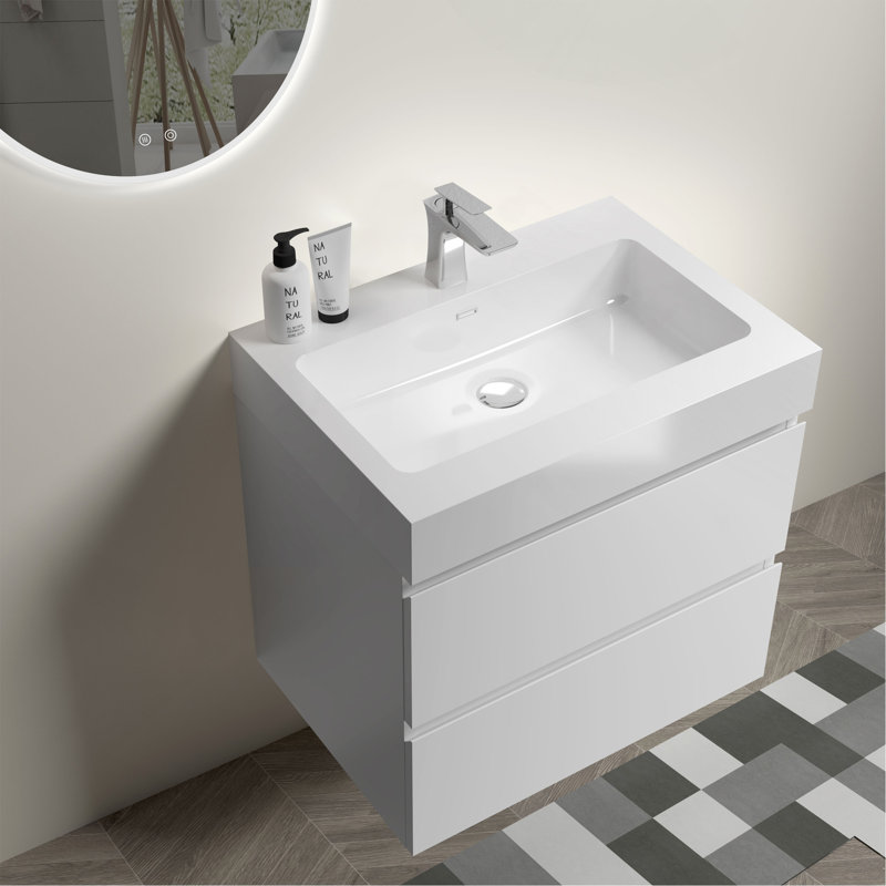 Lavabo intégré à surface solide SANS drain et robinet, couleur blanc brillant, Blanc, Blanc