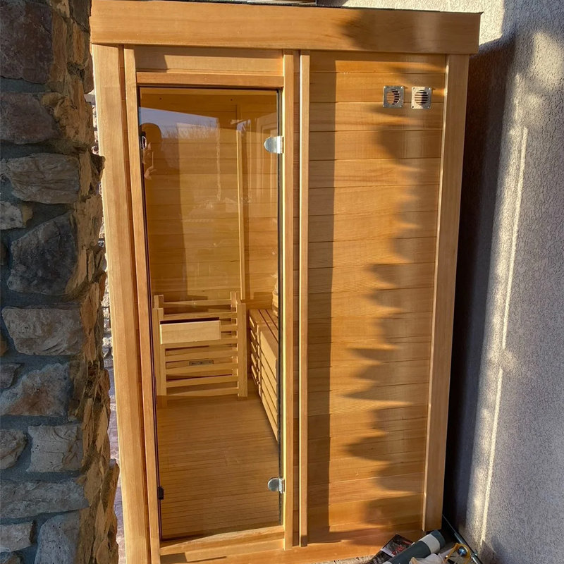Hylivesaunas Outdoor Steam Sauna, 4 Person Canadian Hemlock Wood Corner Sauna Room, Traditional Saunas with 220V ETL-Certified 6KW Havia Heating Stove, Headrest, Rocks, Light Included, 195℉ Left Door