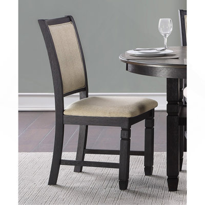 Beautiful Black Finish Wooden Side Chairs 2Pcs Set Beige Colour Textured Fabric Upholstered Dining Chairs