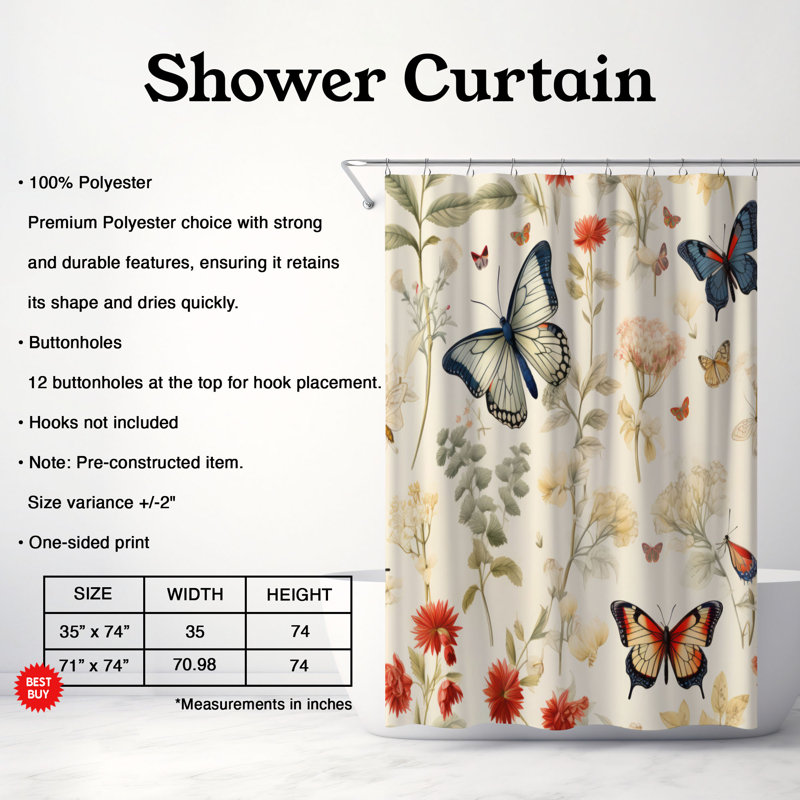 Rideau de douche Butterfly Garden - Premium, H 74 po x l 71 po
