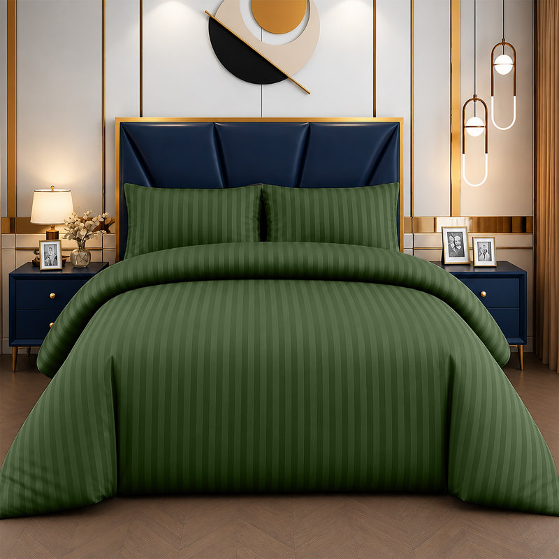 Microfiber Striped Duvet Cover Set with Matching Pillowcases and Stripe Fitted Sheet, Olive Green