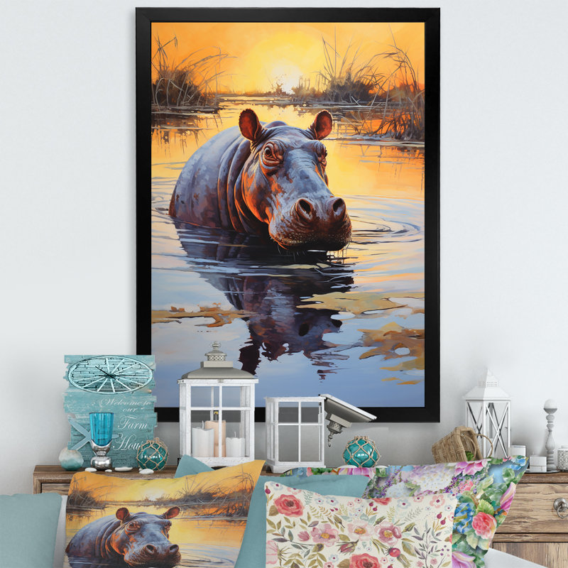 Hippopotame, roi de la savane 1 - Hippopotame, art mural, Cadre simple noir, H 32 po x l 24 po x P 1 po