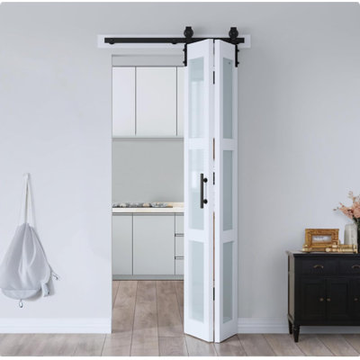 Porte de grange coulissante pliante en verre à double porte pliante 36 po x 84 po (18 x 2 po) avec porte et quincaillerie et poignée S&Z