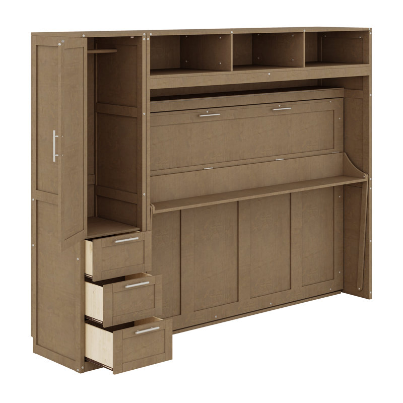 Lit escamotable à rangements multiples avec garde-robe, tiroirs et tablettes ouvertes