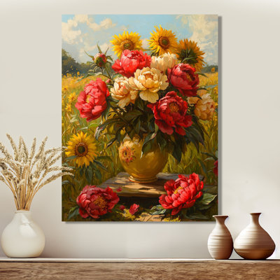 Pivoines par le champ de tournesols I - pivoines, art mural en métal pour le salon
