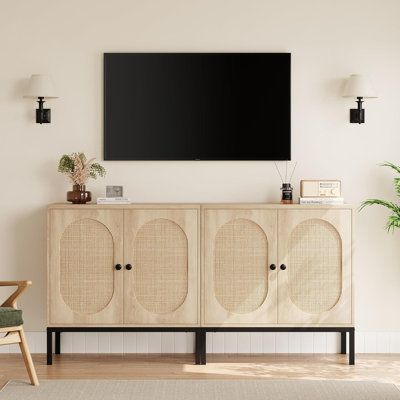 Buffet en rotin, armoire de rangement pour meuble télé à 4 portes cannes ovales avec base en métal noir, armoire en bois pour le salon, l'entrée, la salle à manger, le bar et le café