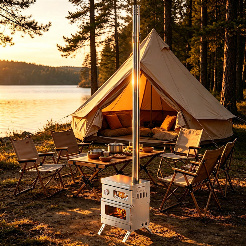 Réchaud de camping 2 en 1 en acier inoxydable avec four amovible pour la cuisson et le chauffage à l'extérieur