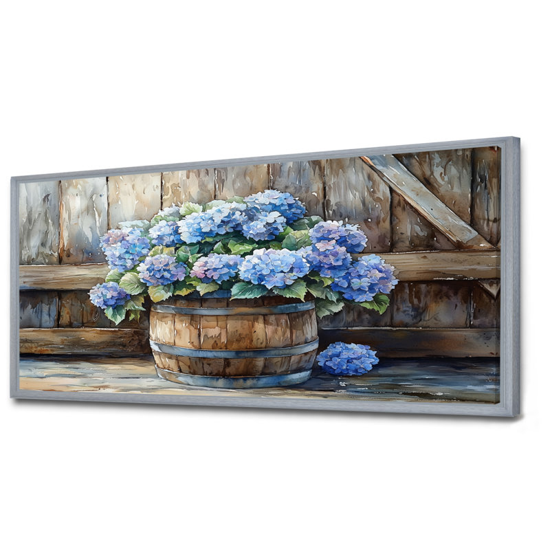 Hortensias dans un tonneau en bois - Hydrangea, art mural encadré, H 28 po x l 60 po, Impression encadrée flottante