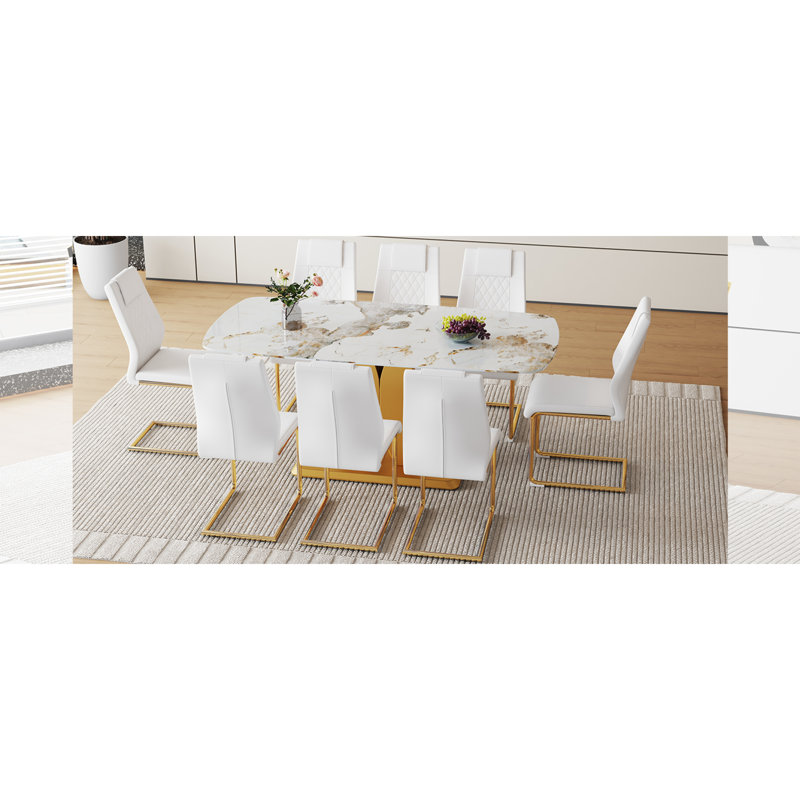 Ensemble de table de salle à manger luxueuse en verre à motif Pandora blanc avec 8 chaises Pu