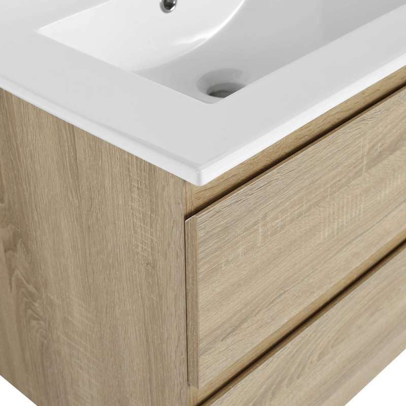 Meuble-lavabo mural avec lavabo en céramique, 2 tiroirs à fermeture en douceur