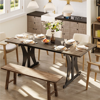 70.87'' Rectangle Dining Table For 6-8 People, Wooden Kitchen Table or Brown Tables with Metal Legs