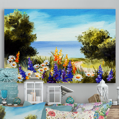 «Spring Flowers on Ocean Scenery», reproduction d'art sur toile encadrée