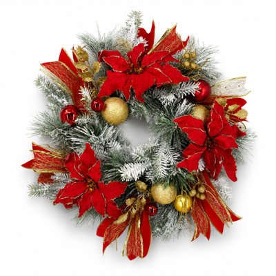 Couronne de Noël floquée rouge et or de 50 cm (20 pouces) avec 20 DEL, 8 fonctions et minuterie