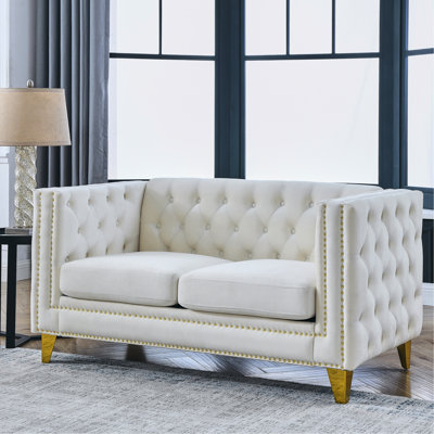 Comfortable Velvet : Design, Square Arms, Metal Legs, For Bedroom Decor Couch In Beige: Arm With Button Tufting And Legs
