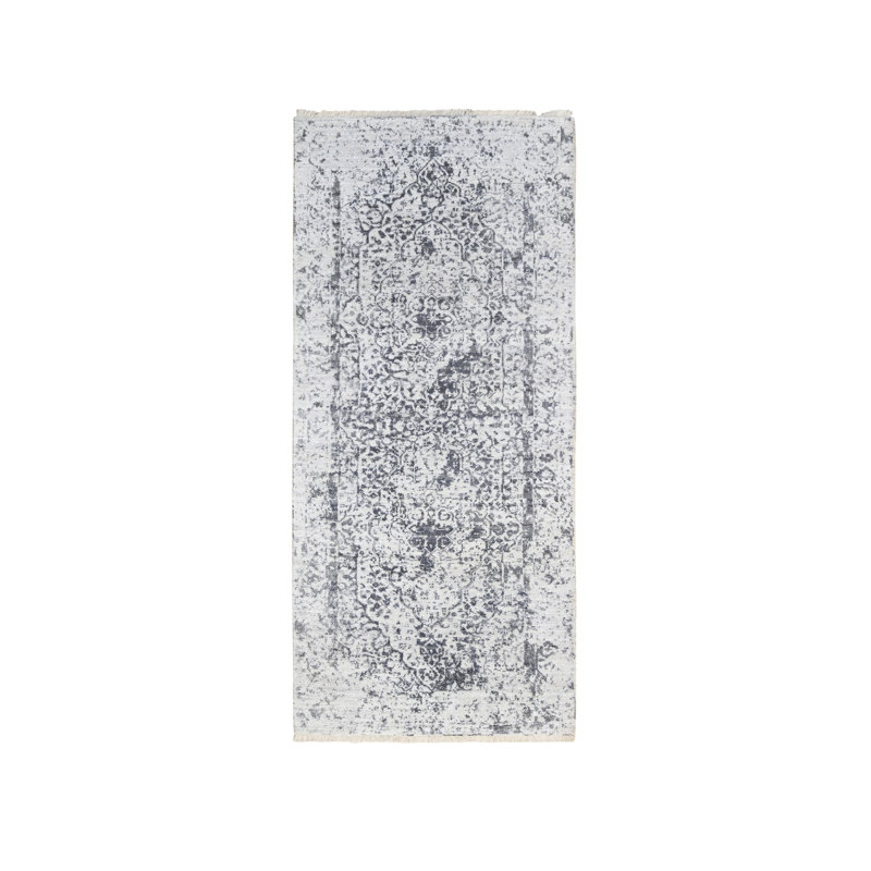 Tapis de couloir oriental en laine et soie pure noué à la main 2 pi 6 po x 6 pi gris foncé