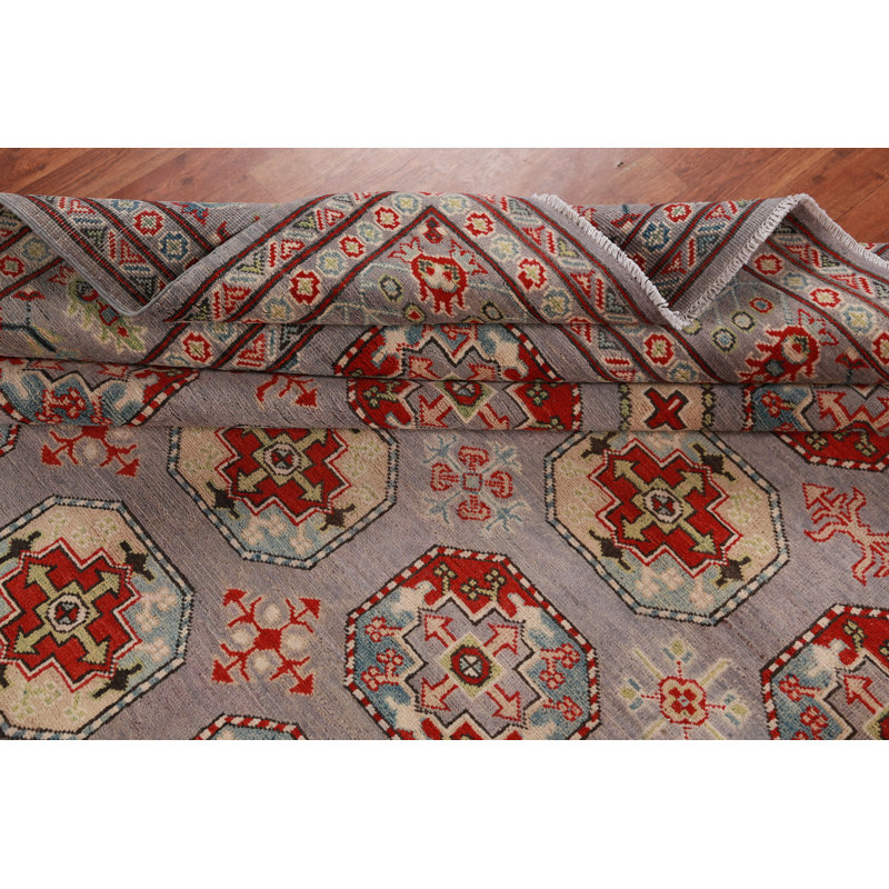 Tapis oriental géométrique en laine Kazak gris 8 x 10
