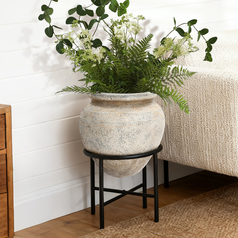 Pot à fleurs de 26 po de hauteur avec support en métal, pot rustique pour l'intérieur ou l'extérieur
