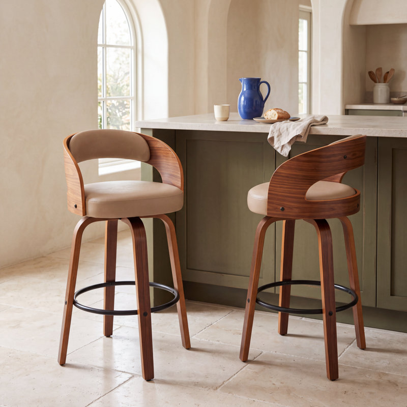 Tabouret de comptoir pivotant moderne de 26 po avec cadre en bois cintré, Beige, Counter Stool (26” Seat Height)