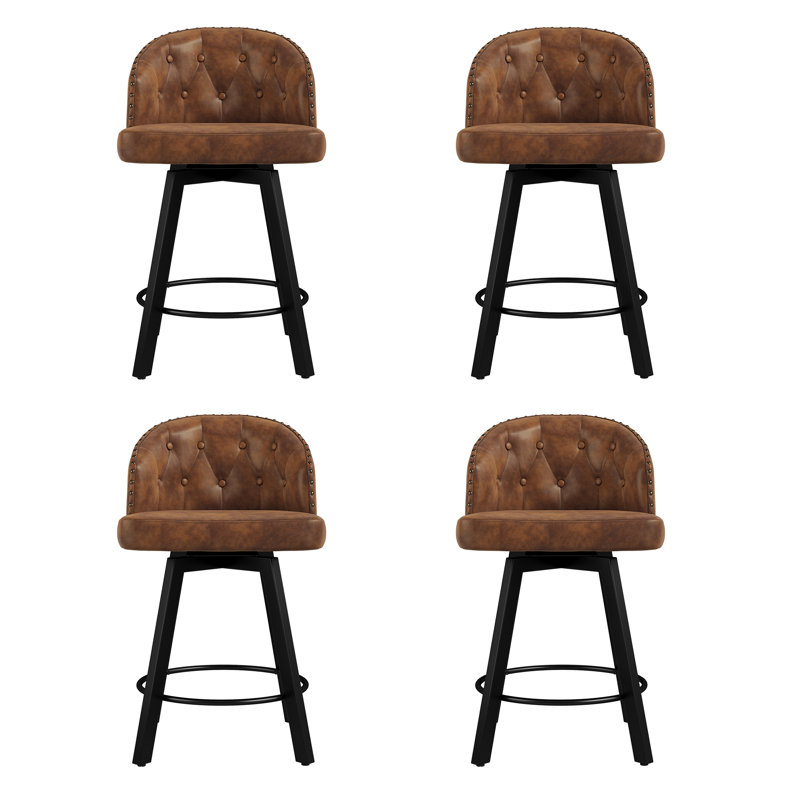 26" Swivel Upholstered Counter Stool With Diamond Button-Tufted Backrest Faux Leather Counter Stool, Metal Legs, Retro Upholstered Barstools For Kitchen Island, Home Bar, Pub