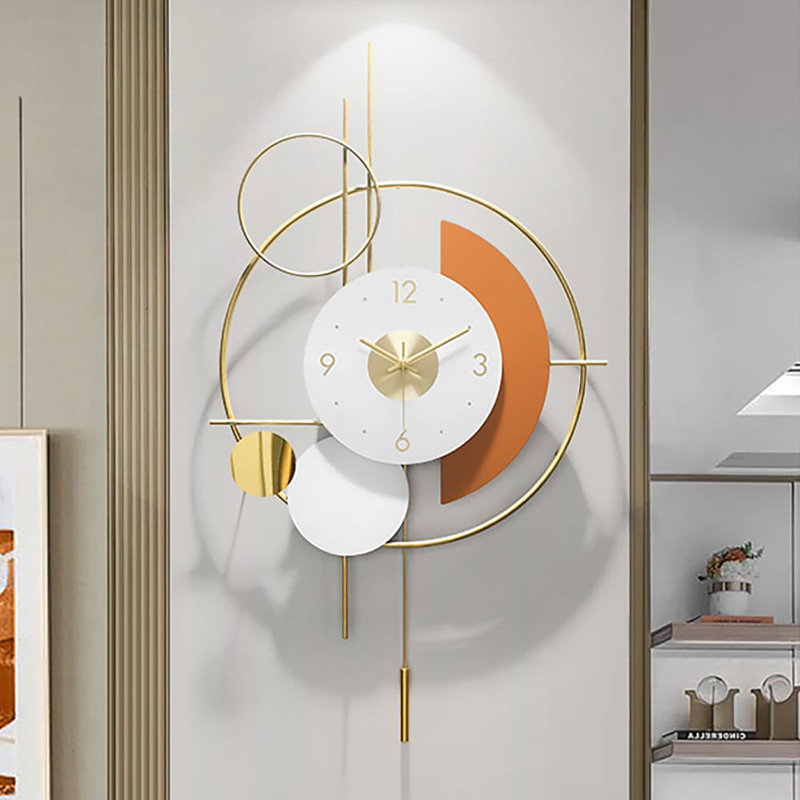 Eustace Wall Clocks for Living Room, 3D Gold Pendulum Geometric Mute Metal Digital Home Clock
