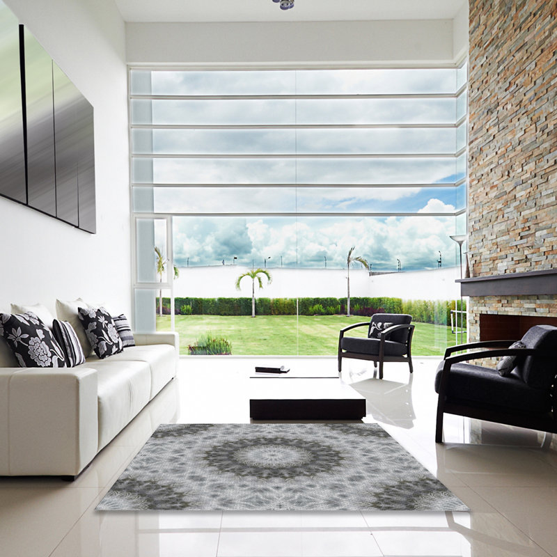 Tapis gris/blanc tissé à la machine, Carré 3 pi