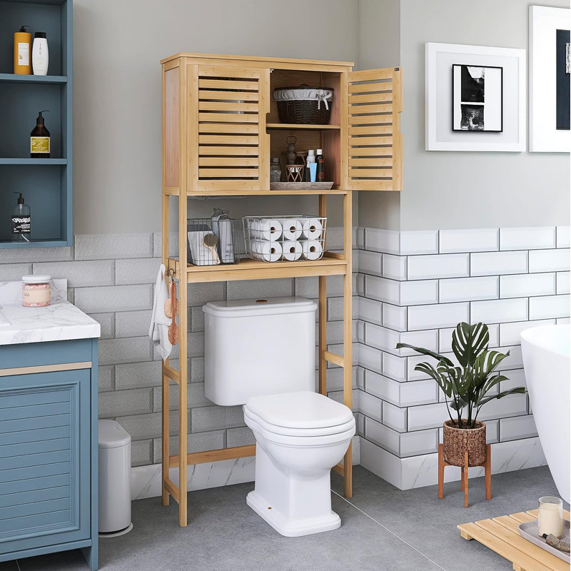 Over The Toilet Freestanding Space Saver Toilet Rack with Adjustable Inside Shelf and Open Shelf, Natural