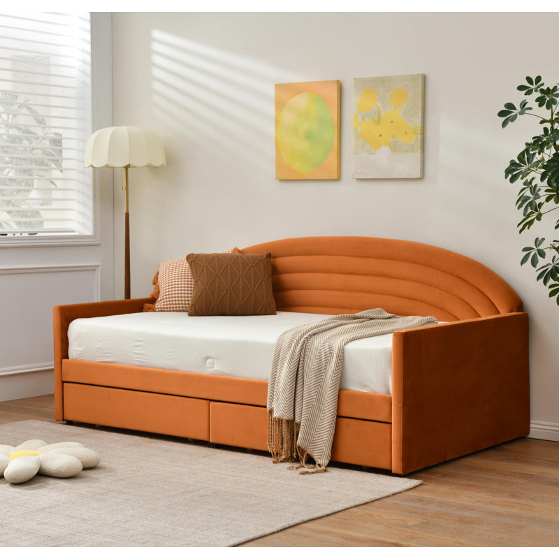 Upholstered Storage Daybed with 2 Drawers, Twin Size Multi‑Purpose Sofa Bed Frame, Solid Wood Slat Support for Small Space Bedroom