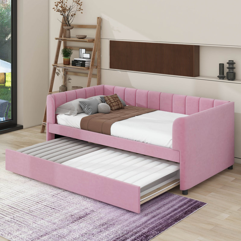 Lit de jour simple rembourré avec couchette, Rose