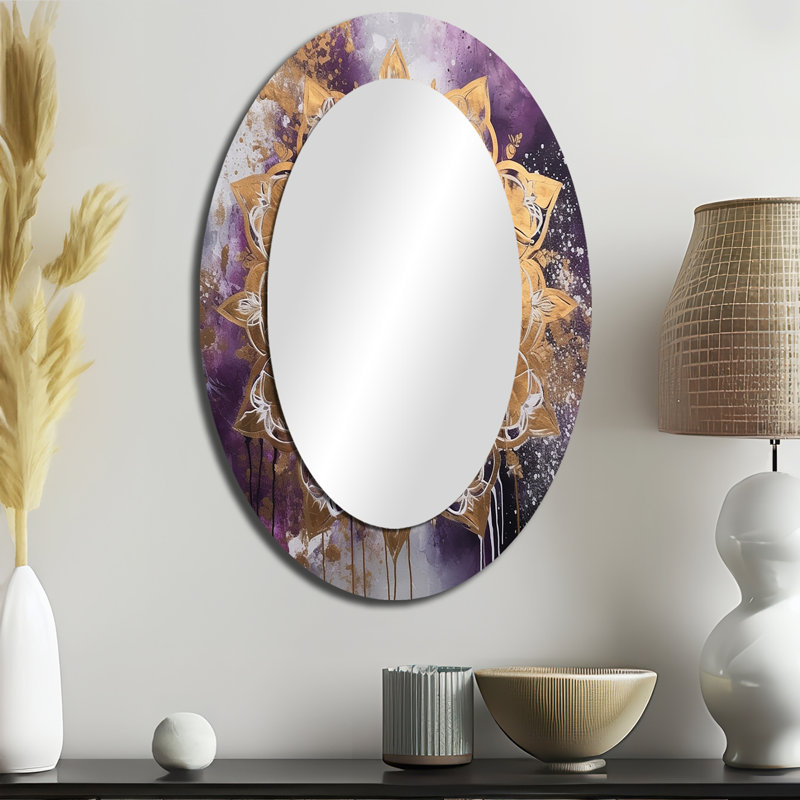 Purple And Gold Mandala II - Purple Bohemian Oval Wall Mirror, 36" x 24"