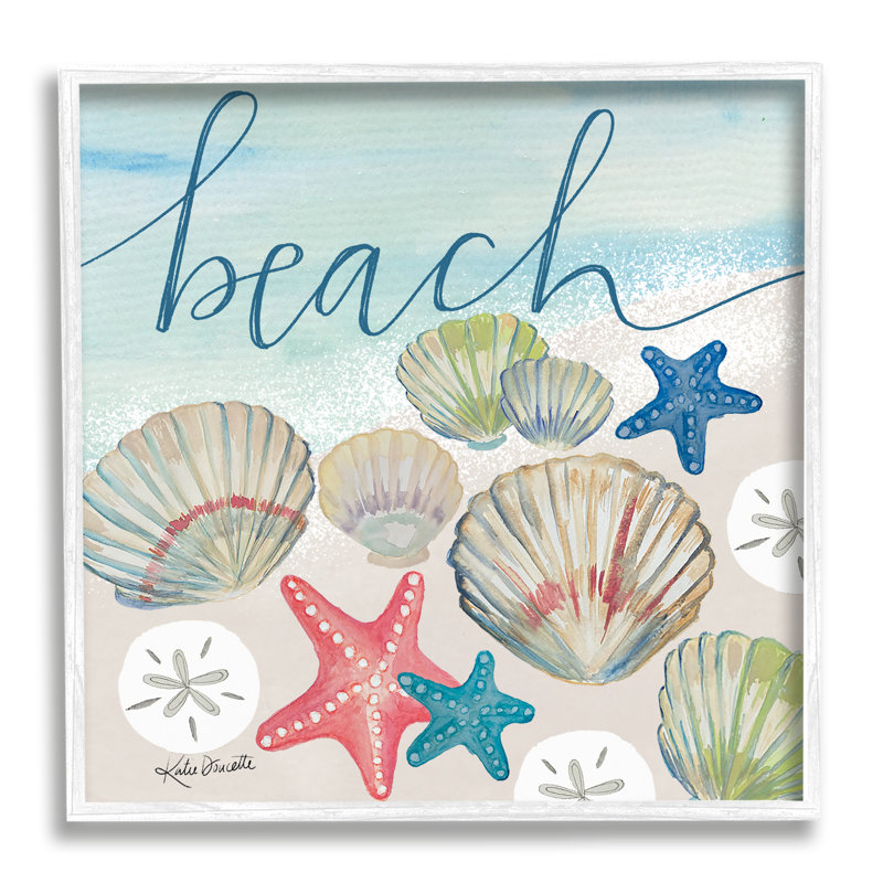 «Beach Calligraphy Seashells Clams Starfish Ocean Foam», estampe numérique encadrée, art texturé par Katie Doucette