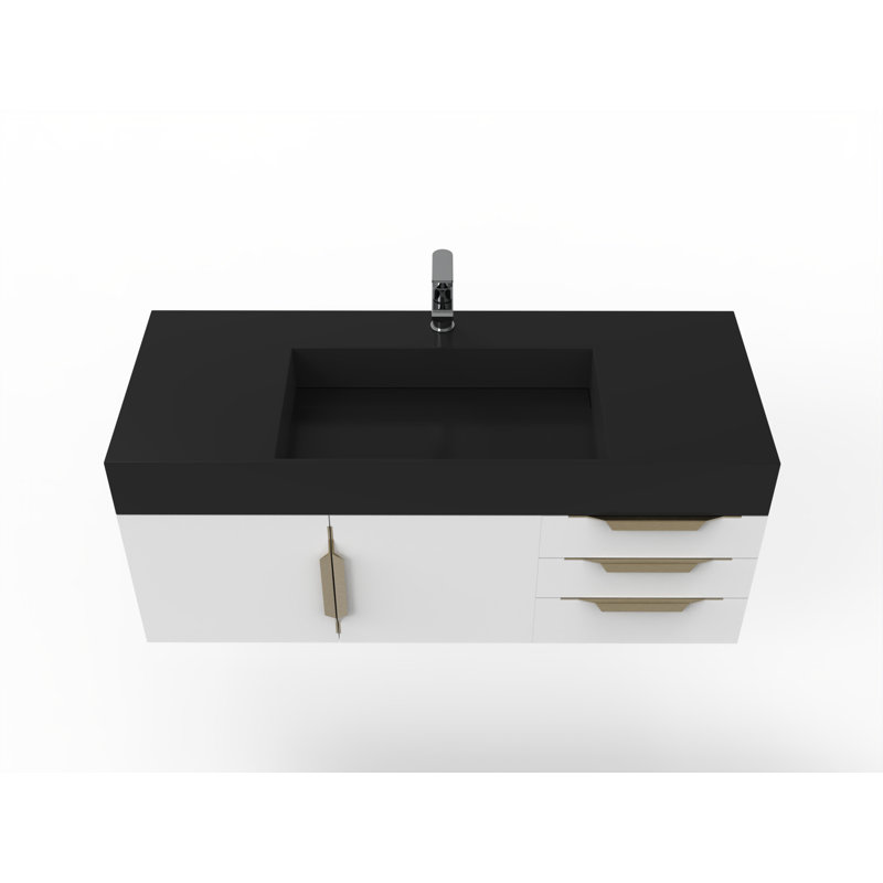 Meuble-lavabo mural simple 48 po avec comptoir à surface solide - base blanche, plateau noir, poignées dorées, Noir, Blanc