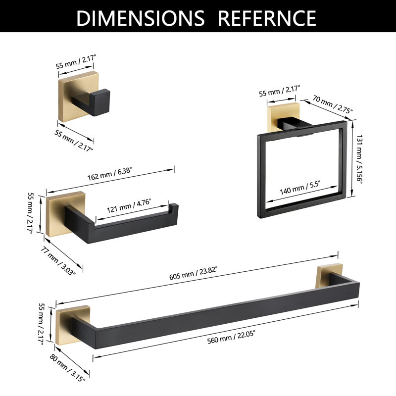 Topcraft Wall Mounted Stainless Steel Bathroom Accessory Set Of 5, Brushed Gold/Matte Black