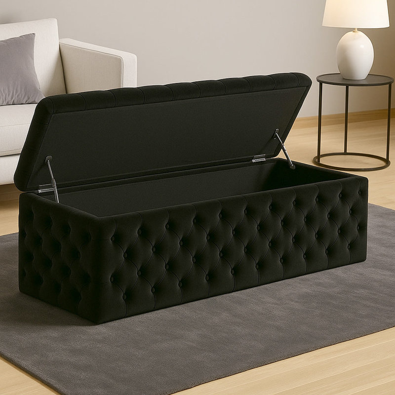 Lux Wide Velvet Chesterfield Rectangle Solid Color Standard Ottoman Box with Storage, 120cm W x 42cm D x 40cm H, Black