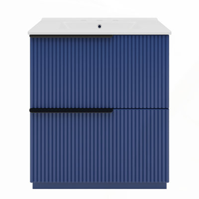 Freestanding 30-Inch Bathroom Vanity with Ceramic Sink, Full-Extension Drawers, and Fluted Design in Blue