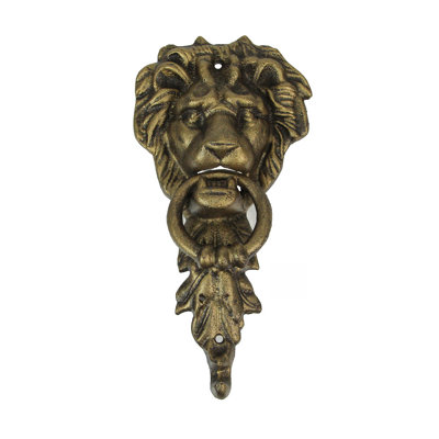 Vintage bronze finish cast iron lion head door knocker for front entryway statement decor — 5" W x 2" D x 10.25" H