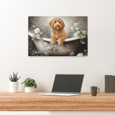 Labradoodle Bath Playful Romantic Whimsical Dog Portrait Art