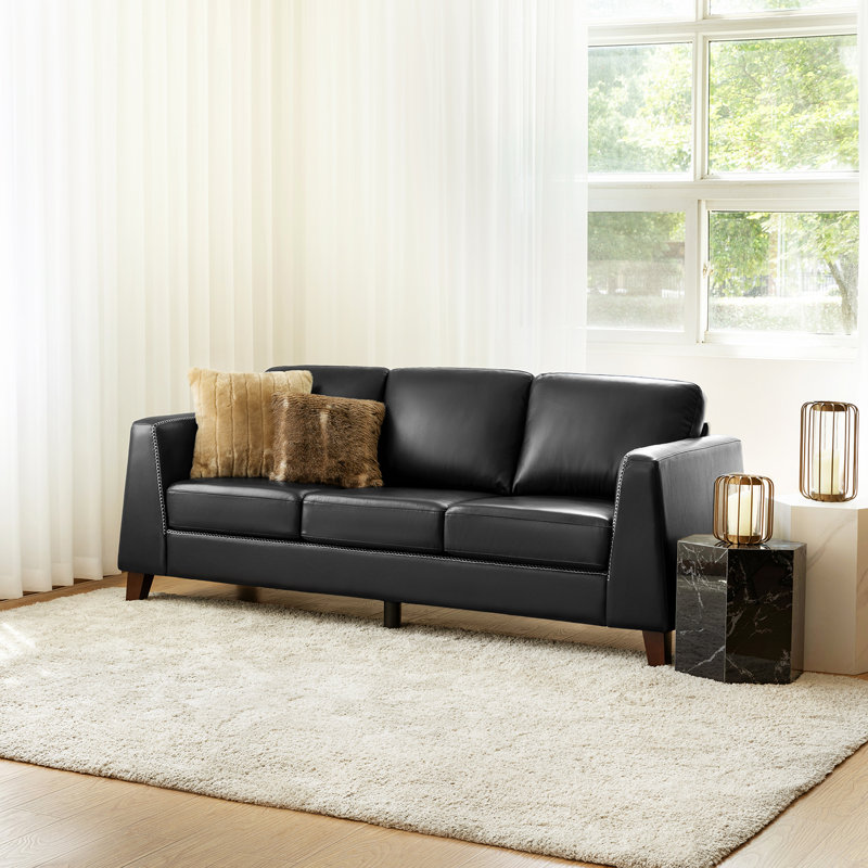 Casina 81.5'' Contemporary Genuine Leather Sofa with Solid Wood Legs, Black
