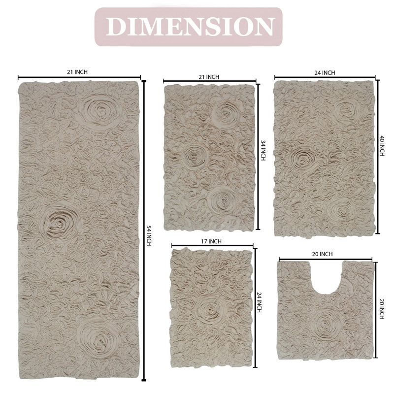 Tapis pour salle de bain 100% coton avec revers en latex Bell Flower Collection (ensemble de 5), Lin