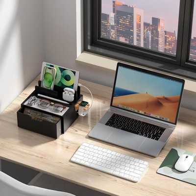 Bamboo Charging Station with Power Charger & Cables, Nightstand Docking Station with Lined Tray & Drawer for Multi Device, Compatible with Tablet, Cell Phones, Natural