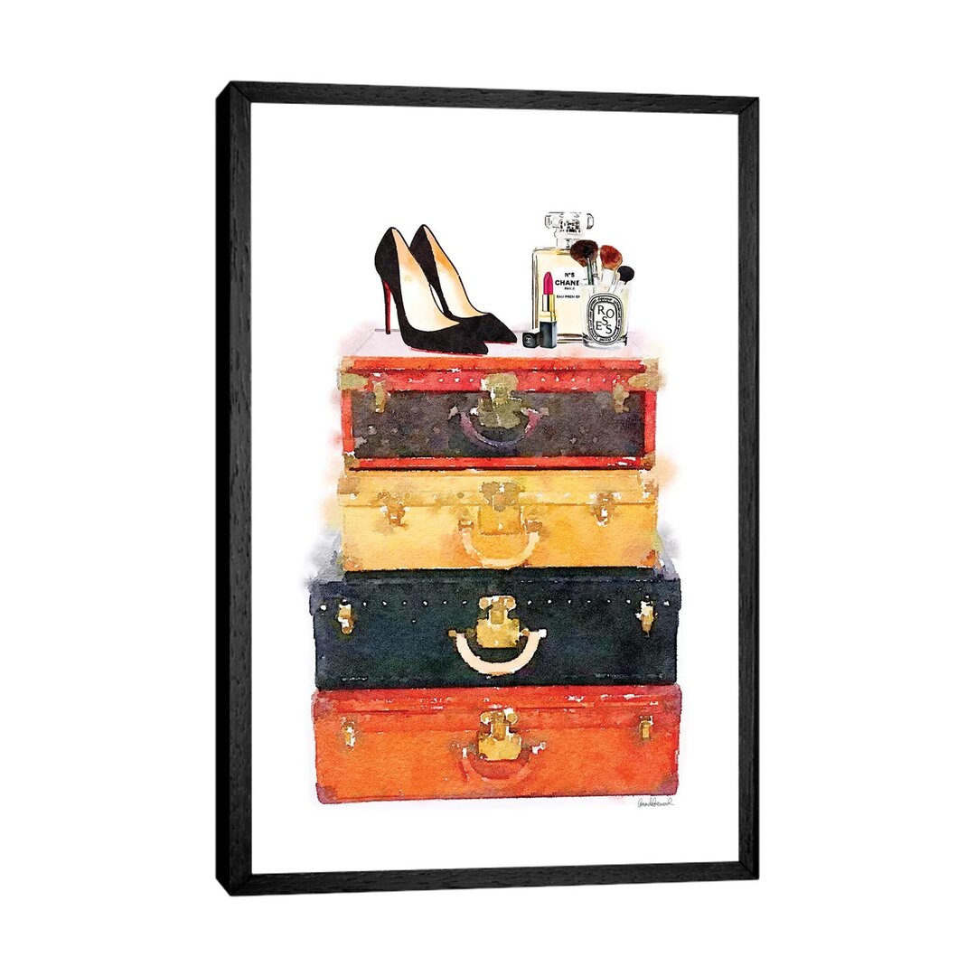 Gerahmtes Leinwandbild Luggage Stack Shoes Makeup Station von Amanda Greenwood