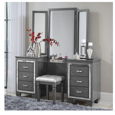 Tabouret de coiffeuse moderne en similicuir gris avec cadre en bois et siège en mousse pour la chambre à coucher, profondeur 17 po, hauteur 18,7 po, assemblage simple en finition - cuir capitonné à boutons, dimensions 17 po x 17 po x H 18,7 po