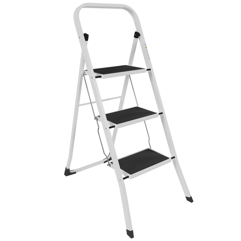 3.45 ft Steel 3 Step Ladder, Heavy Duty Steel, Folding, Portable With Anti-Slip Mat, White