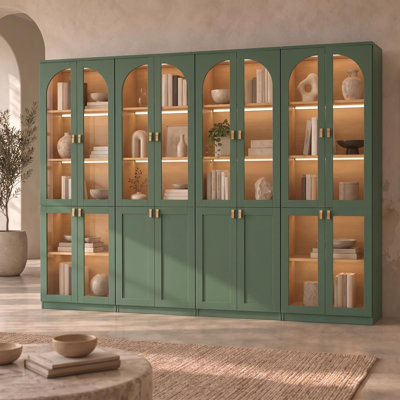 Bibliothèque verte H 71 "x l 94,4" Cathcart avec portes et tablettes en verre, armoire de rangement avec lumière