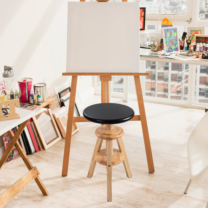 Hiltrun 18.9"-25.2"H Solid Hardwood Swivel Adjustable Height Counter Stool, Natural Base with Black Top, Black
