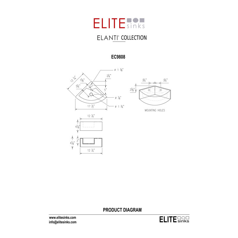 Elanti 12.25'' White Porcelain Specialty Bathroom Sink with Overflow