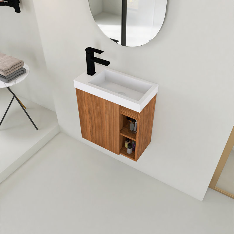 Meuble-lavabo simple 19,74 po avec plateau en résine Annaghmore, Noyer, Blanc lustré